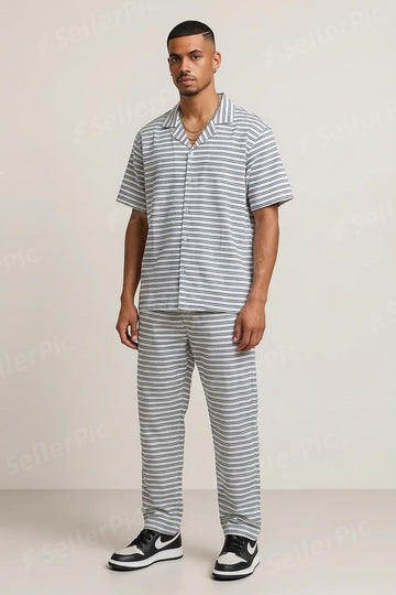 Men’s Short-Sleeve Button-Up Pajama Set – Soft Breathable Striped Lounge Set with Relaxed-Fit Pants