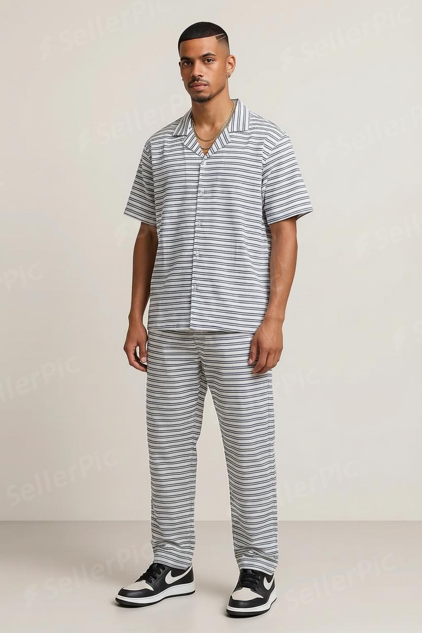 Men’s Short-Sleeve Button-Up Pajama Set – Soft Breathable Striped Lounge Set with Relaxed-Fit Pants