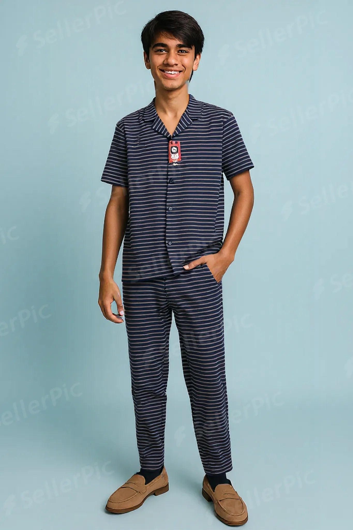 Men’s Premium Navy Striped Co-Ord Set | Summer Comfortable Shirt & Trouser Suit | Casual & Lounge Wear