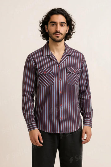 Men’s Premium Striped Casual Shirt – Maroon & Blue Horizontal Lines | Soft Fabric, Long Sleeves, Modern Fit