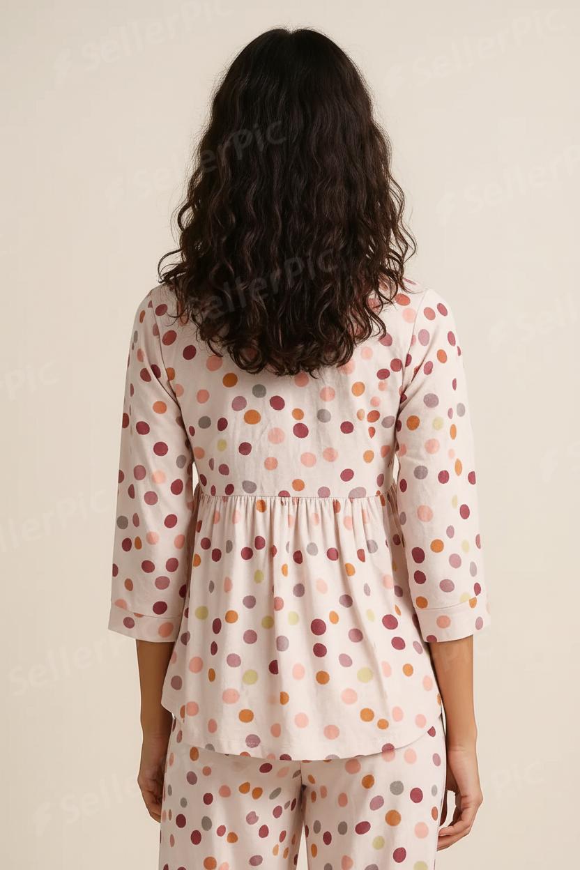 Women’s Polka Dot Loungewear Set – Soft Cotton Night Suit (Top & Trouser) | Breathable 3/4 Sleeve Relax Fit