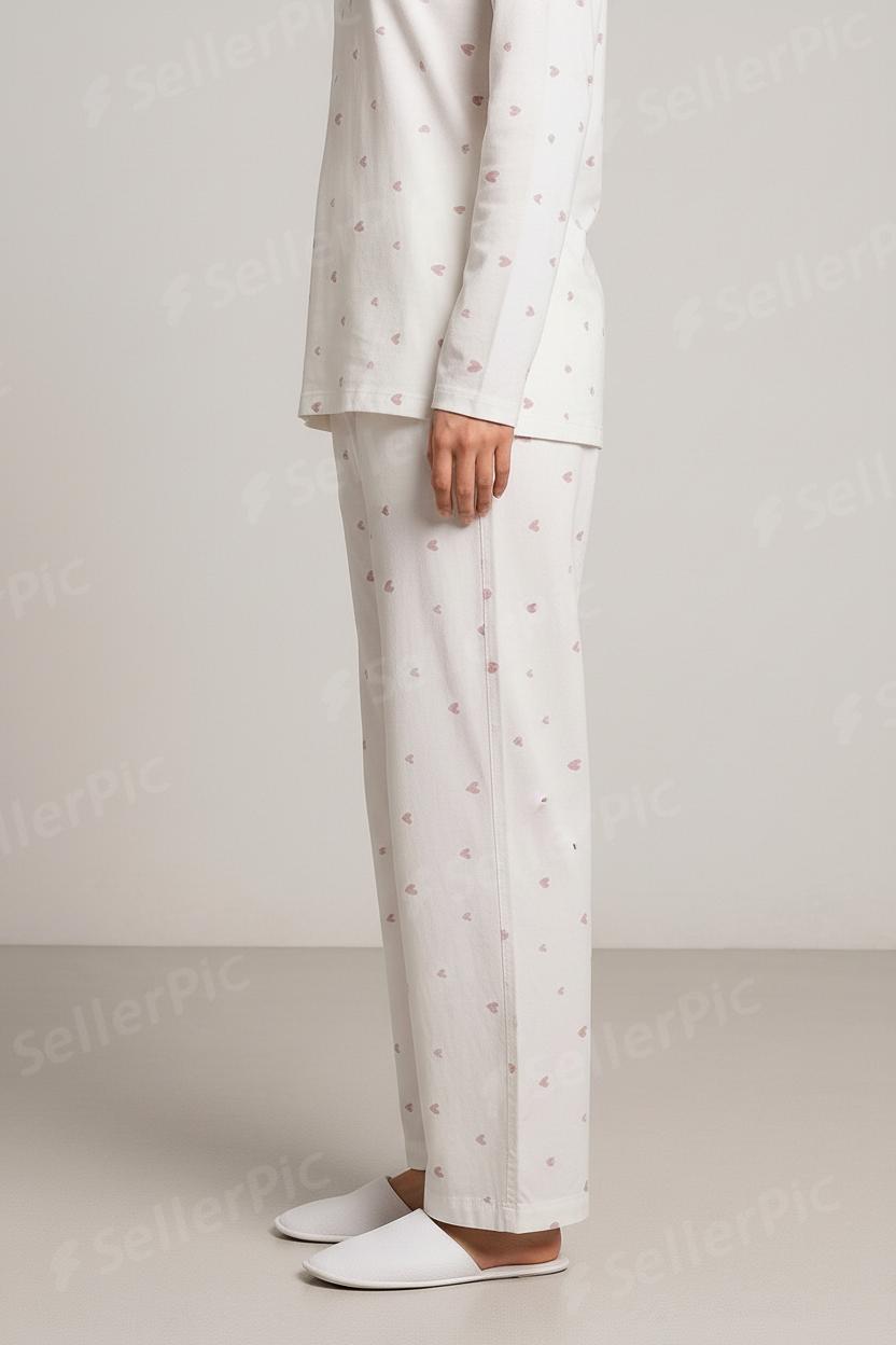 Women’s Long-Sleeve Cotton Pajama Set – Soft Breathable Loungewear with Subtle Heart Print & Matching Pants