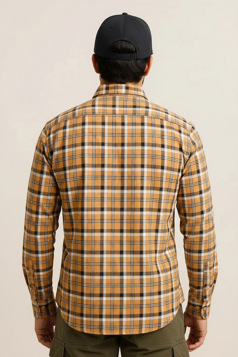 Men’s Yellow Plaid Long Sleeve Button-Up Shirt – Casual Checkered Flannel Style