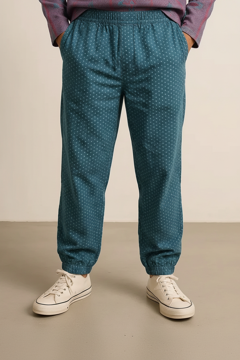 Men’s Teal Printed Jogger Pants – Soft Cotton Tapered Fit with Elastic Cuffs & Pockets