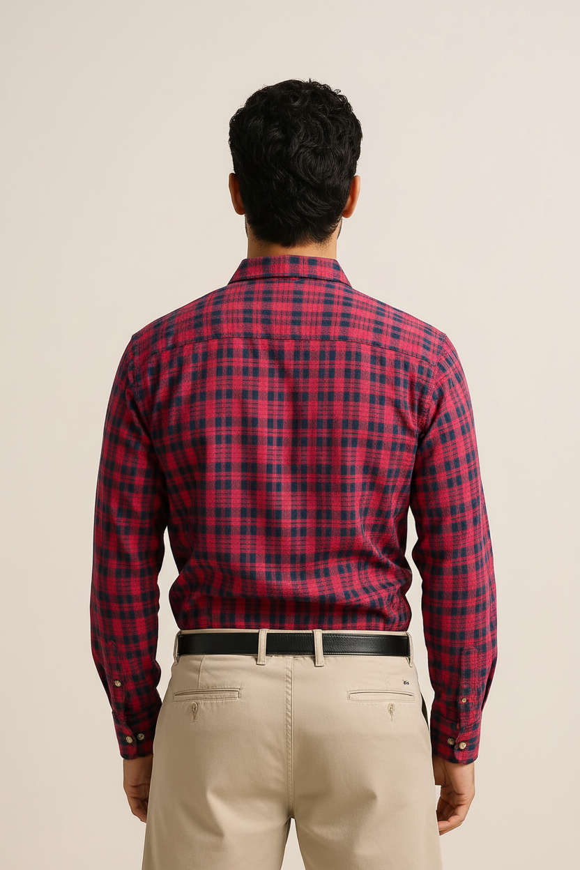 Men’s Red & Navy Plaid Flannel Shirt – Soft Brushed Cotton Long-Sleeve Button-Down for Fall & Casual Wear