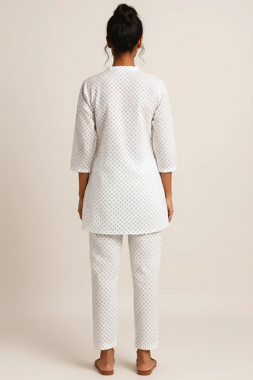 Women’s White Cotton Printed Kurta & Straight Pants Set – Soft, Breathable Daily Wear | Summer Casual Loungewear Suit