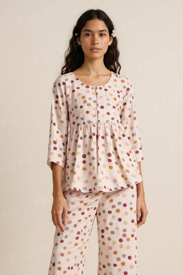 Women’s Polka Dot Loungewear Set – Soft Cotton Night Suit (Top & Trouser) | Breathable 3/4 Sleeve Relax Fit