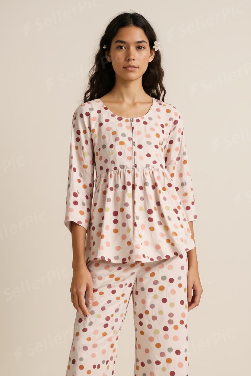 Women’s Polka Dot Loungewear Set – Soft Cotton Night Suit (Top & Trouser) | Breathable 3/4 Sleeve Relax Fit