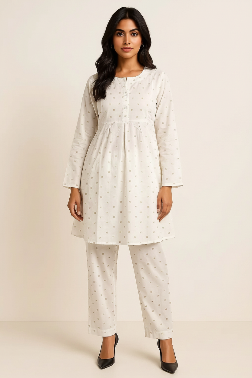 Women’s Minimal Printed Cotton Kurti Pant Set | Elegant Two-Piece Outfit for Daily & Office Wear