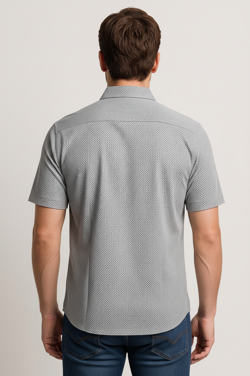 Men’s Short Sleeve Button-Down Shirt – Modern Slim Fit Micro-Print Casual Dress Shirt