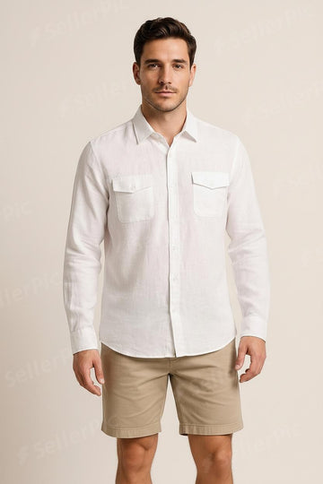 Men’s Long-Sleeve White Button-Up Shirt – Classic Casual Lightweight Shirt with Dual Chest Pockets
