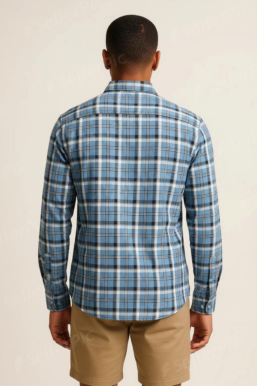 Men’s Blue Plaid Long-Sleeve Shirt – Soft Casual Button-Down with Classic Check Pattern
