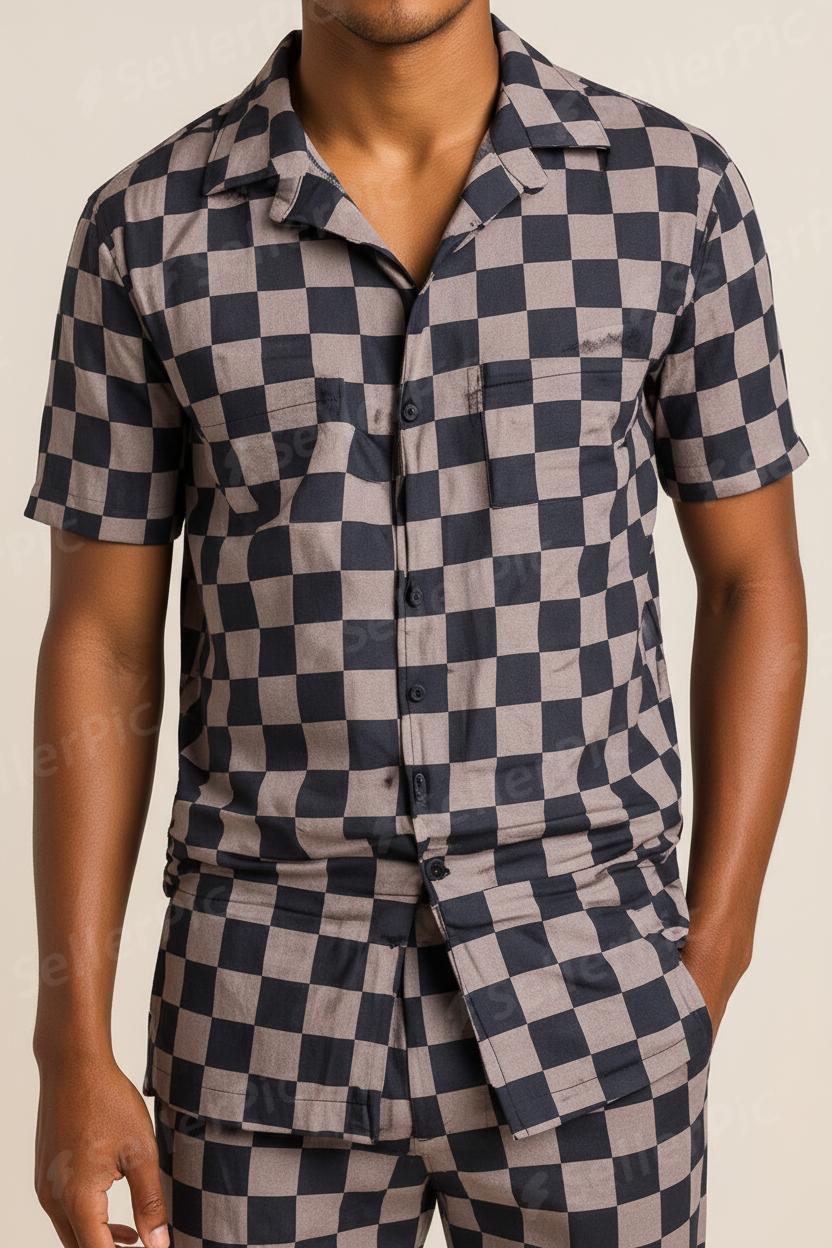 Men’s Checkered Co-Ord Set – Short Sleeve Button Shirt & Tapered Pants | Premium Streetwear Matching Outfit