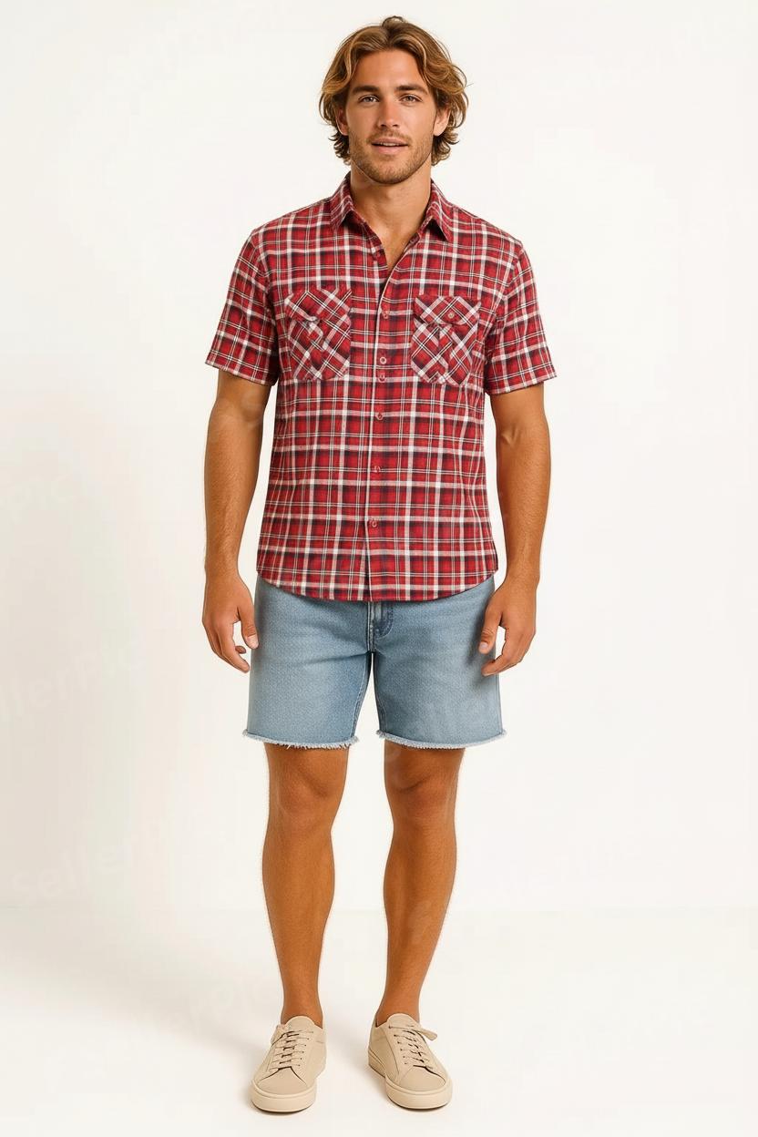 Men’s Short-Sleeve Red Plaid Button-Up Shirt – Casual Western Style with Dual Chest Pockets