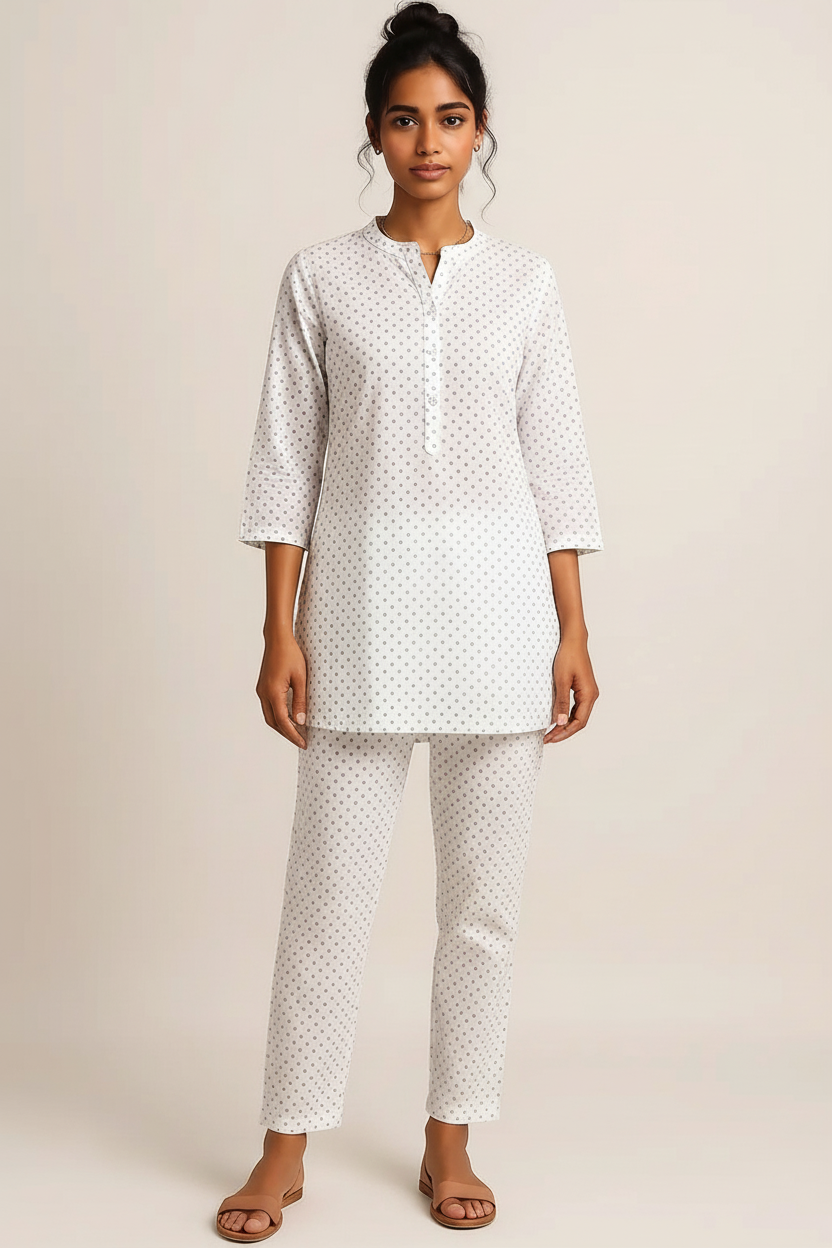 Women’s White Cotton Printed Kurta & Straight Pants Set – Soft, Breathable Daily Wear | Summer Casual Loungewear Suit