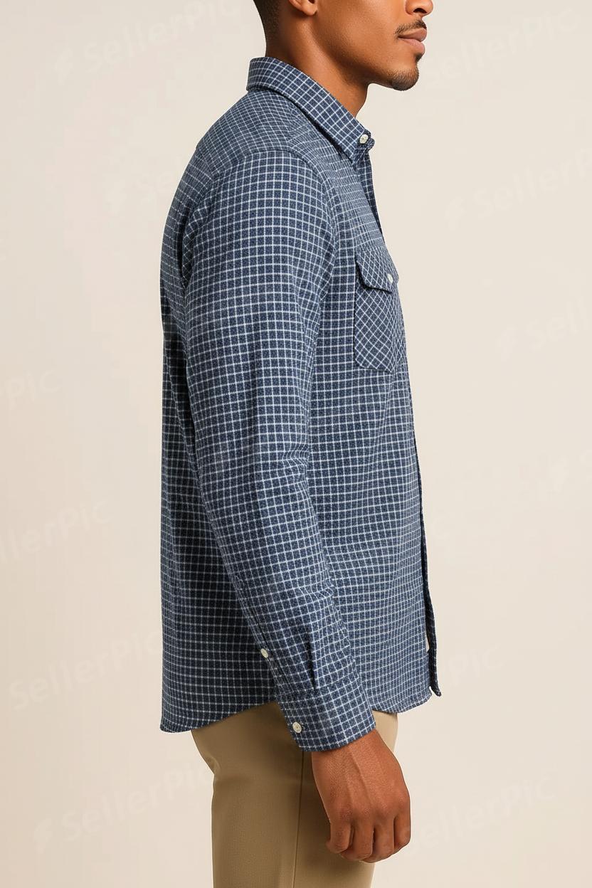 Men’s Long-Sleeve Blue Checkered Button-Up Shirt – Casual Slim Fit Flannel Style with Chest Pocket
