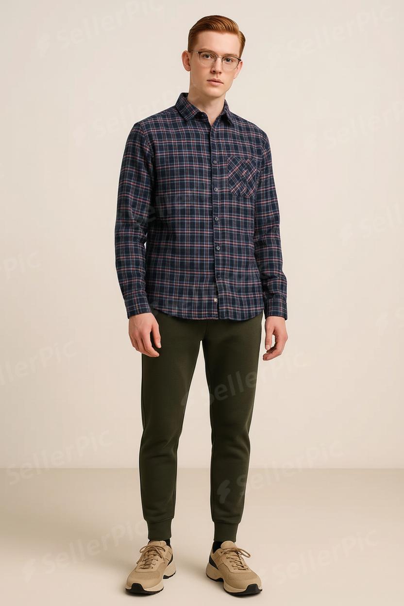 Men’s Long-Sleeve Navy Plaid Button-Up Shirt – Casual Classic Fit with Chest Pocket