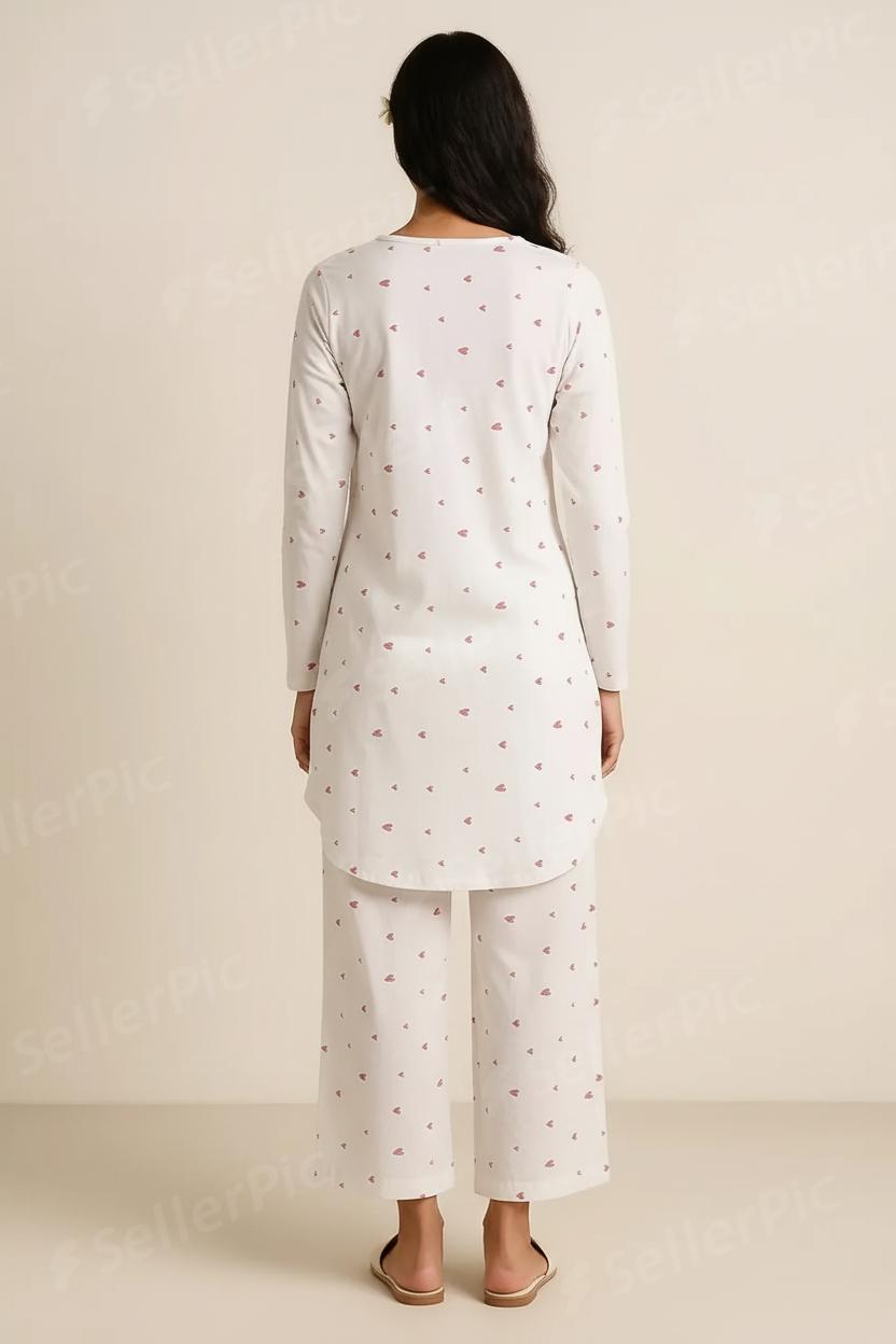Women’s Long-Sleeve Cotton Pajama Set – Soft Breathable Loungewear with Subtle Heart Print & Matching Pants