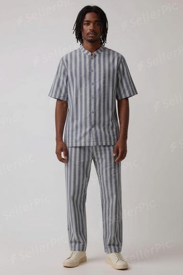 Men’s Premium Striped Two-Piece Co-Ord Set | Summer Casual Shirt & Pants | Breathable Cotton Outfit for Daily Wear