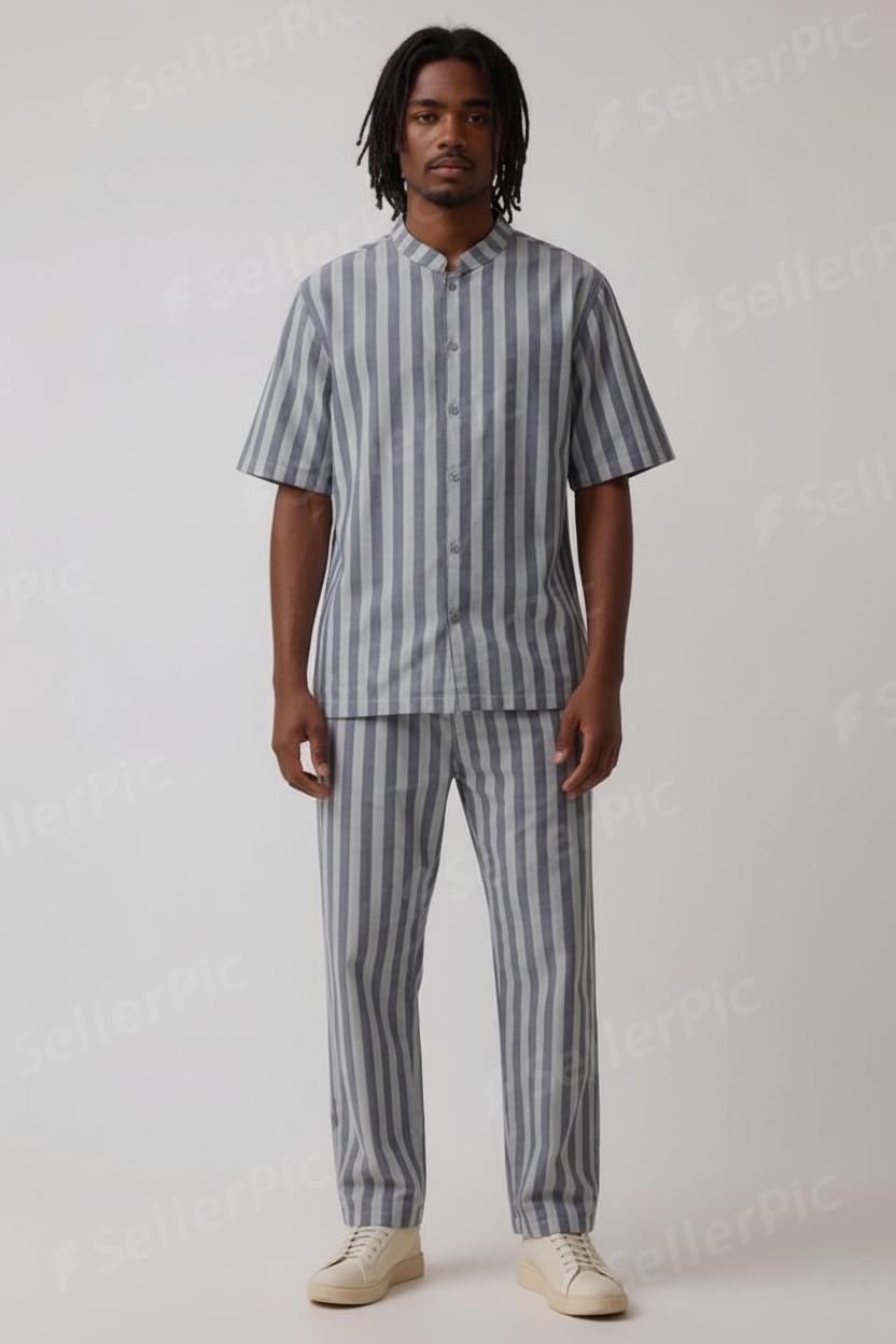 Men’s Premium Striped Two-Piece Co-Ord Set | Summer Casual Shirt & Pants | Breathable Cotton Outfit for Daily Wear