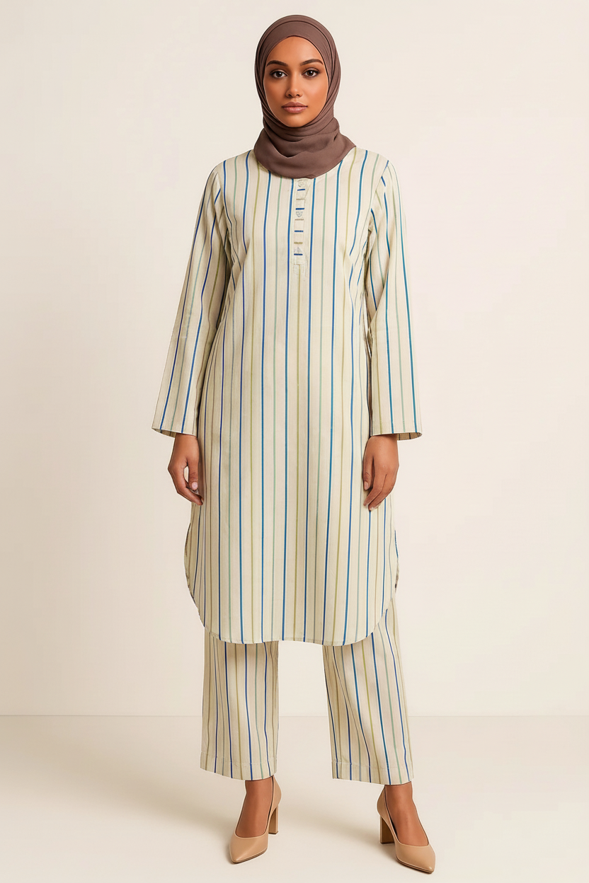 Women’s Striped Co-Ord Set – Long Sleeve Kurta Top & Straight Pants | Modest Everyday Wear | Soft Cotton Two-Piece Outfit