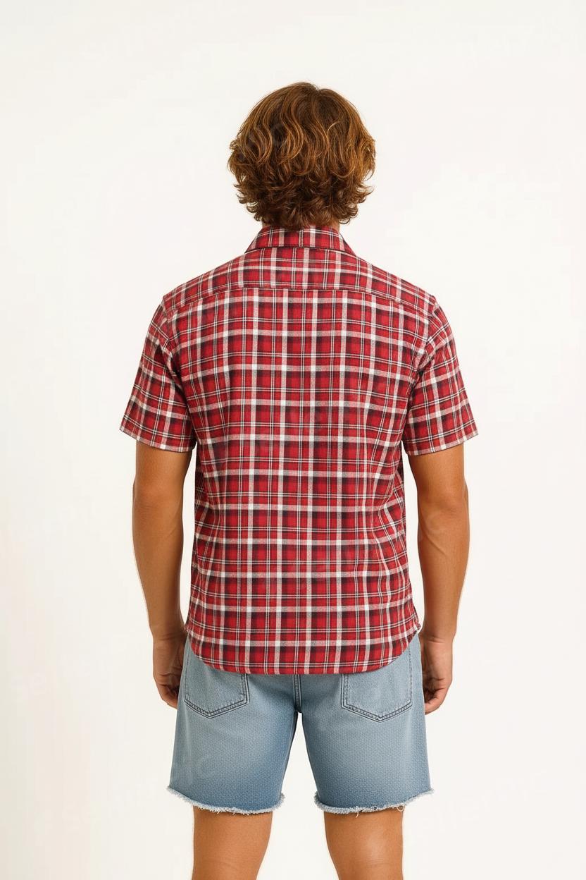 Men’s Short-Sleeve Red Plaid Button-Up Shirt – Casual Western Style with Dual Chest Pockets
