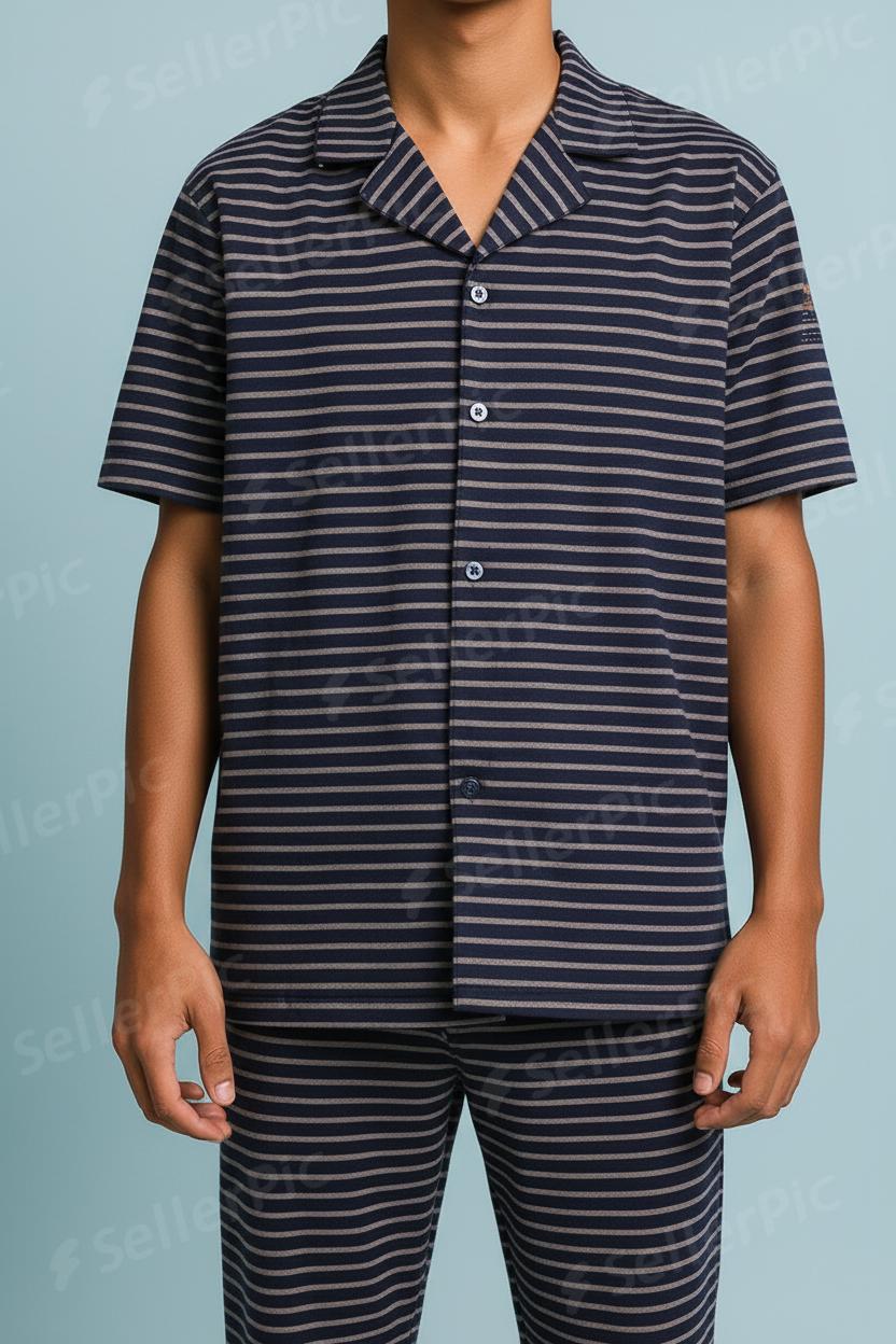 Men’s Premium Navy Striped Co-Ord Set | Summer Comfortable Shirt & Trouser Suit | Casual & Lounge Wear