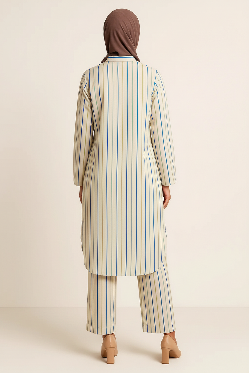 Women’s Striped Co-Ord Set – Long Sleeve Kurta Top & Straight Pants | Modest Everyday Wear | Soft Cotton Two-Piece Outfit