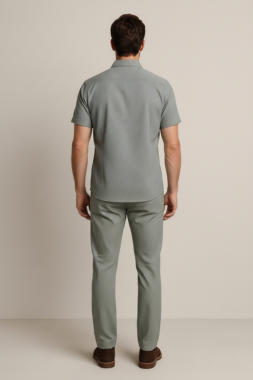 Men’s Sage Green Short-Sleeve Shirt & Pants Set – Lightweight Matching Summer Outfit with Subtle Micro-Pattern