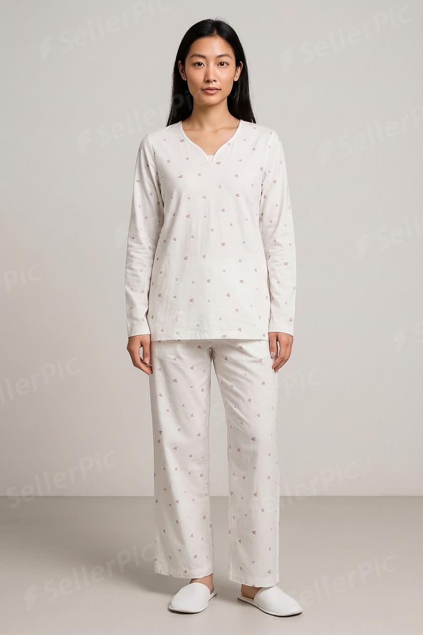 Women’s Long-Sleeve Cotton Pajama Set – Soft Breathable Loungewear with Subtle Heart Print & Matching Pants