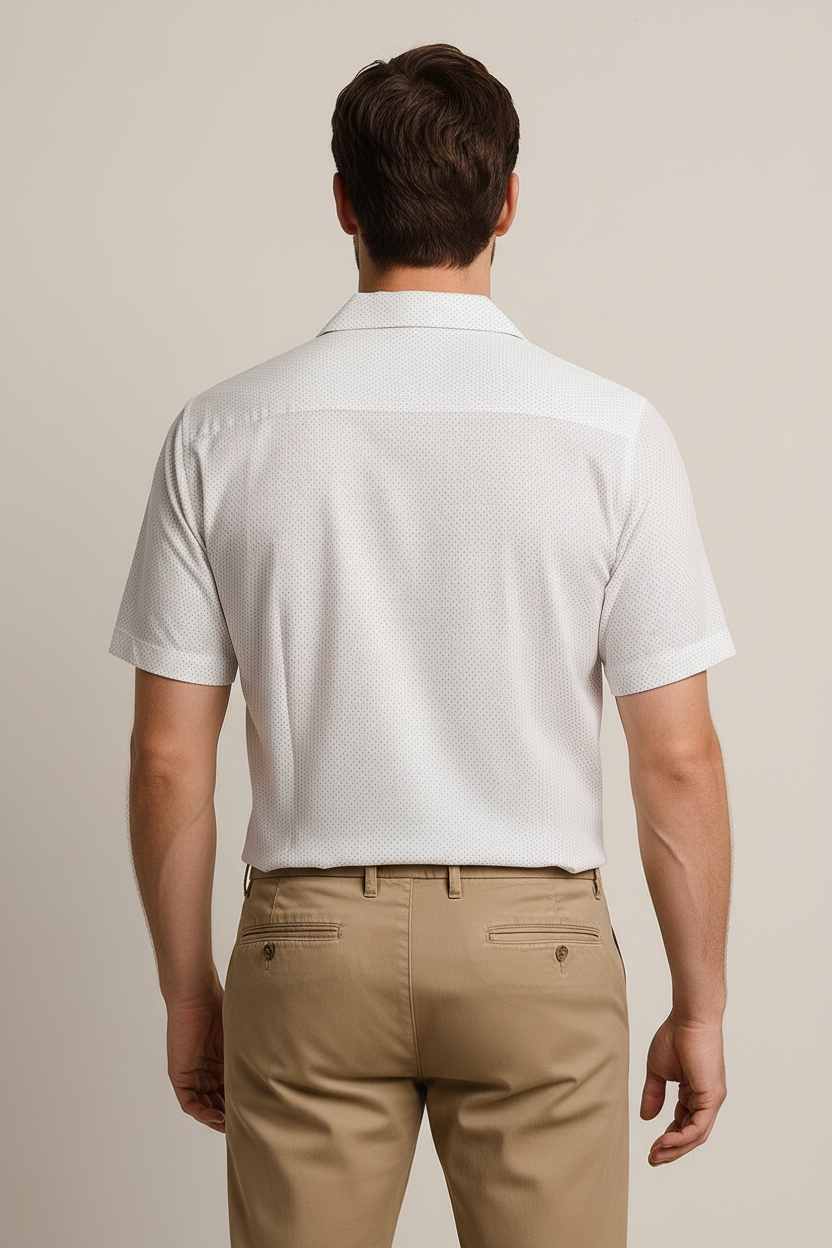 Men’s Short-Sleeve White Cuban Collar Button-Up Shirt – Lightweight Casual Summer Shirt with Chest Pocket