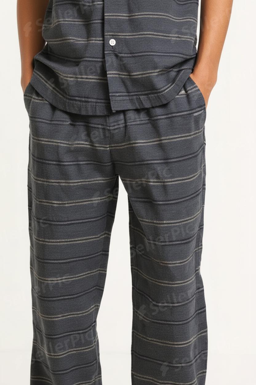 Men’s Striped Two-Piece Loungewear Set – Short Sleeve Button-Up Shirt & Relaxed Fit Pants | Casual Matching Outfit