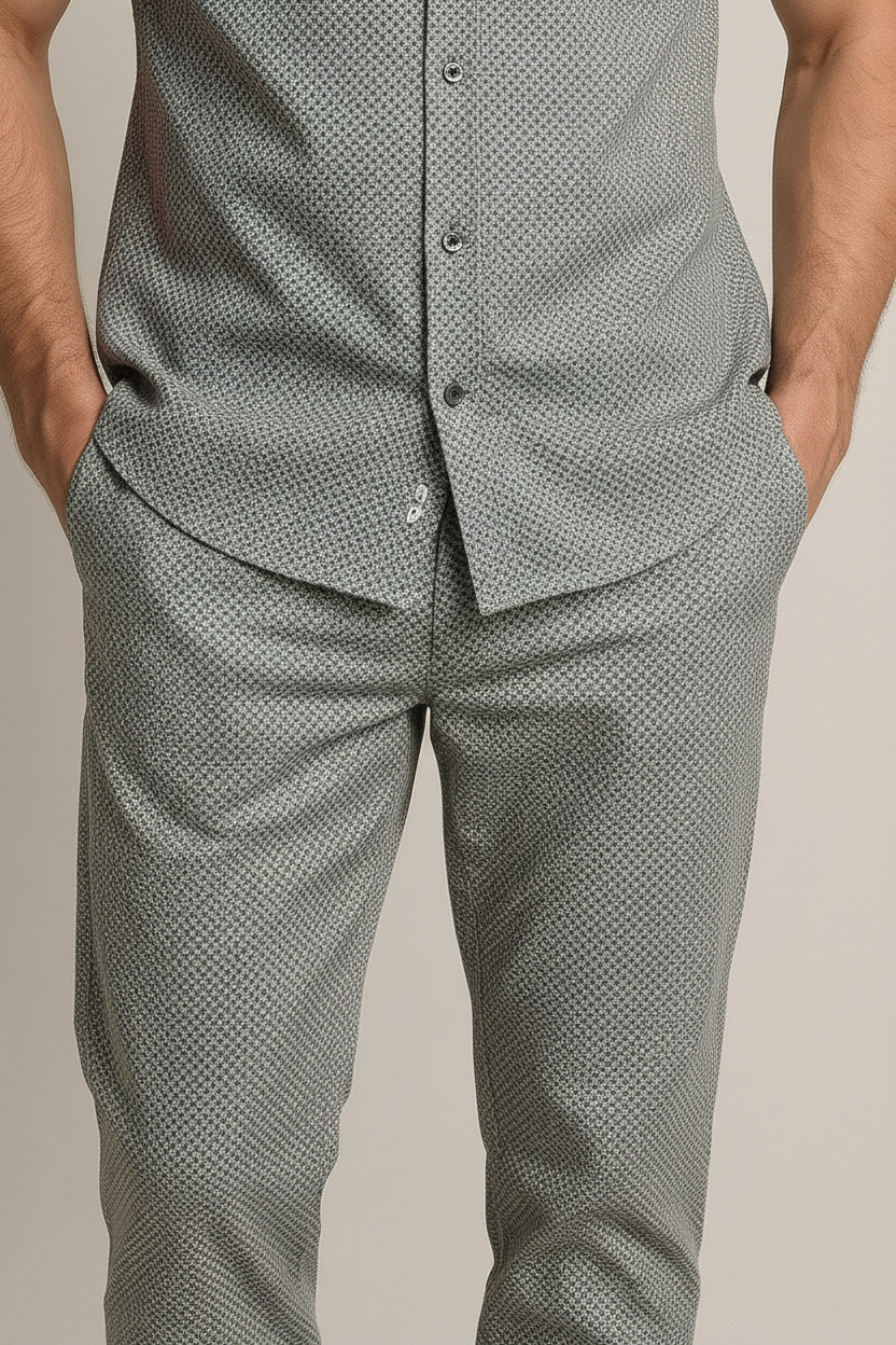 Men’s Sage Green Short-Sleeve Shirt & Pants Set – Lightweight Matching Summer Outfit with Subtle Micro-Pattern