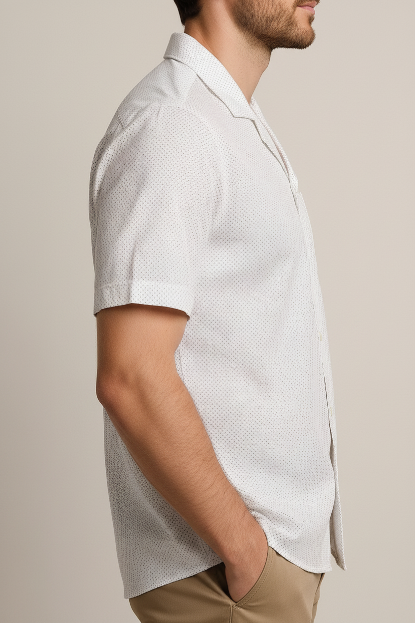 Men’s Short-Sleeve White Cuban Collar Button-Up Shirt – Lightweight Casual Summer Shirt with Chest Pocket
