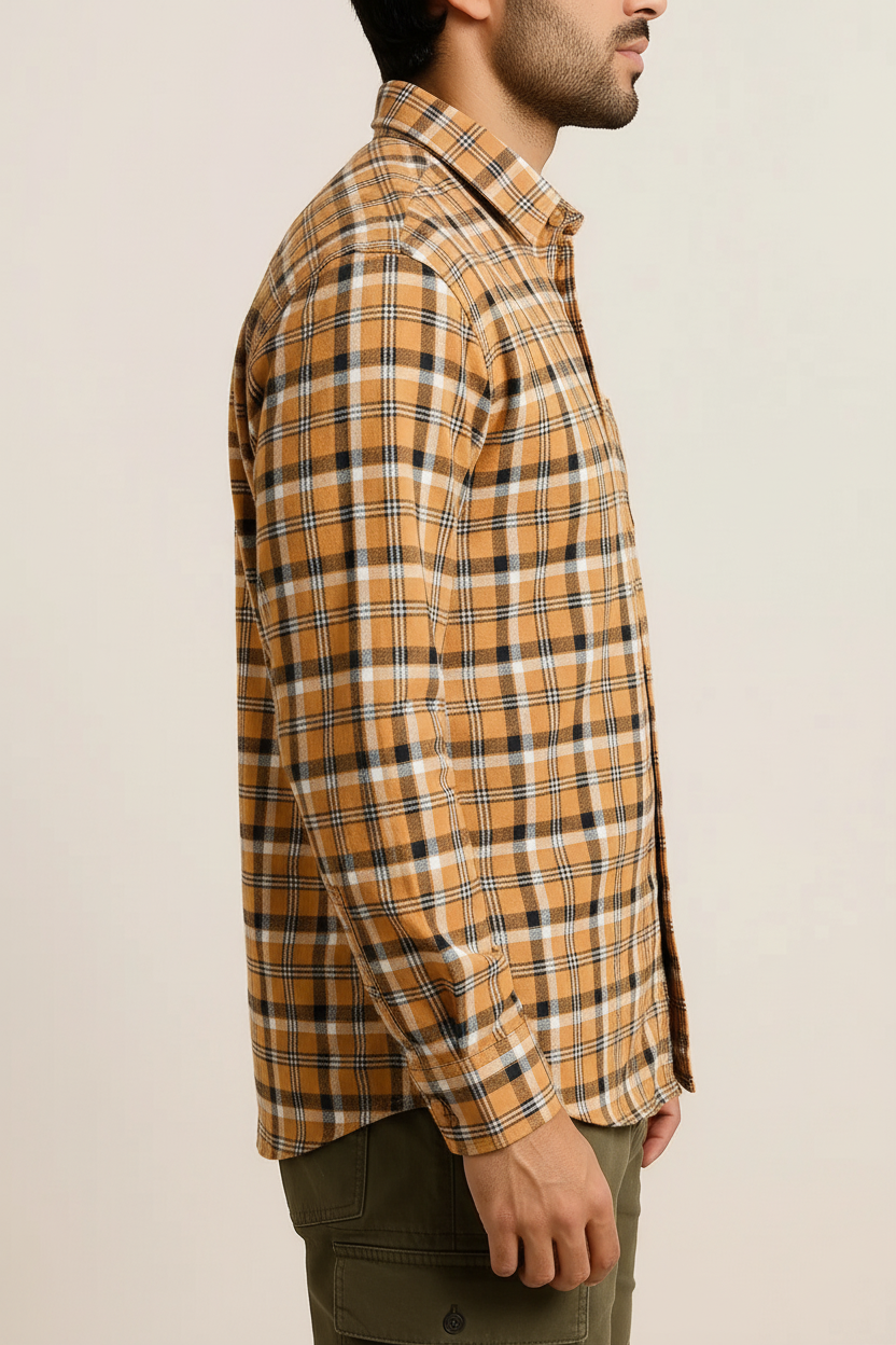 Men’s Yellow Plaid Long Sleeve Button-Up Shirt – Casual Checkered Flannel Style