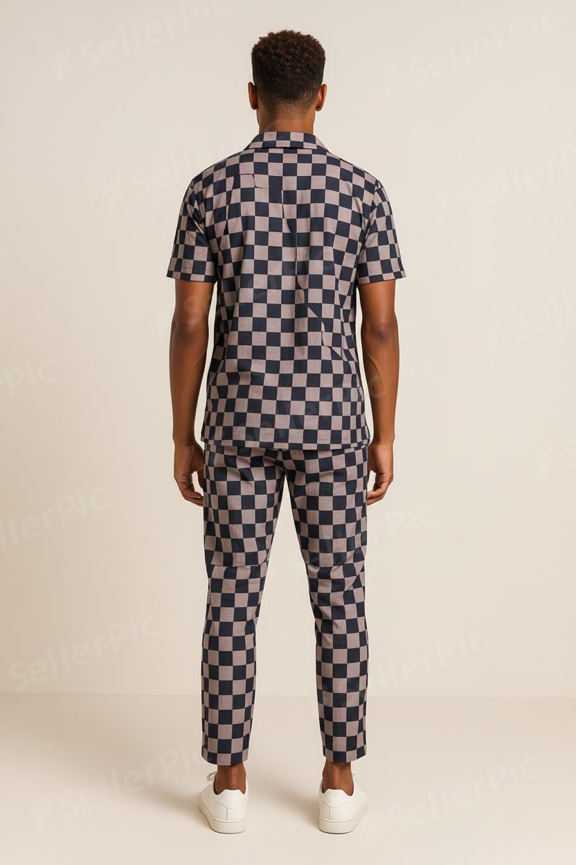 Men’s Checkered Co-Ord Set – Short Sleeve Button Shirt & Tapered Pants | Premium Streetwear Matching Outfit