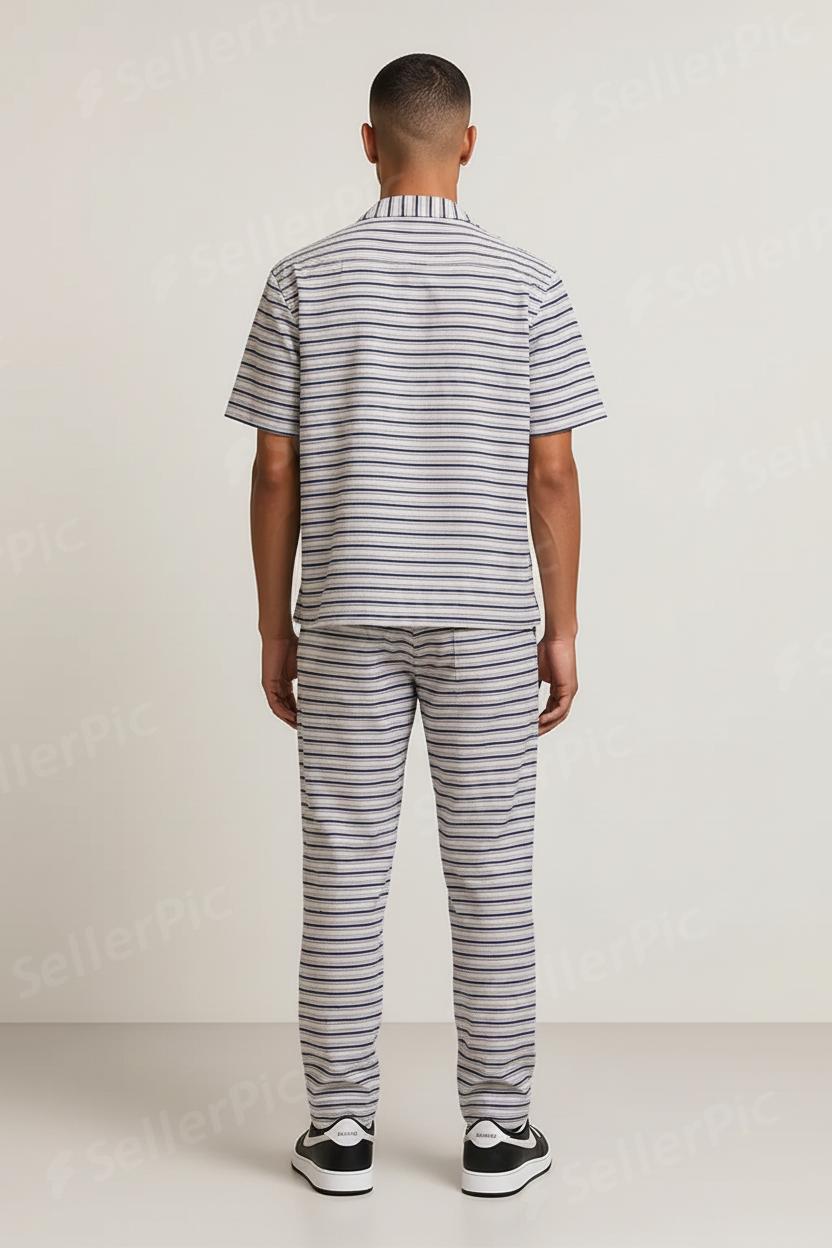 Men’s Premium Striped Co-Ord Set – Short Sleeve Button Shirt & Matching Pants | Soft Breathable Loungewear Outfit