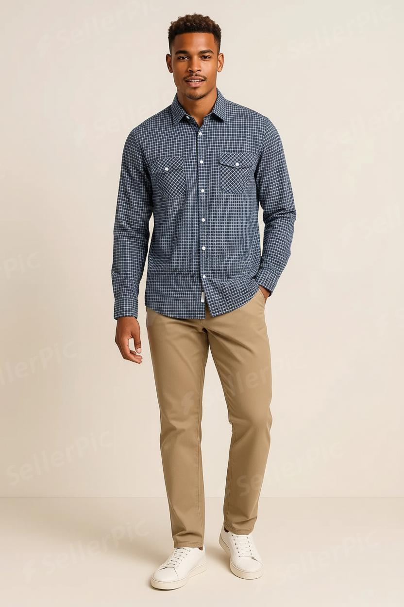 Men’s Long-Sleeve Blue Checkered Button-Up Shirt – Casual Slim Fit Flannel Style with Chest Pocket