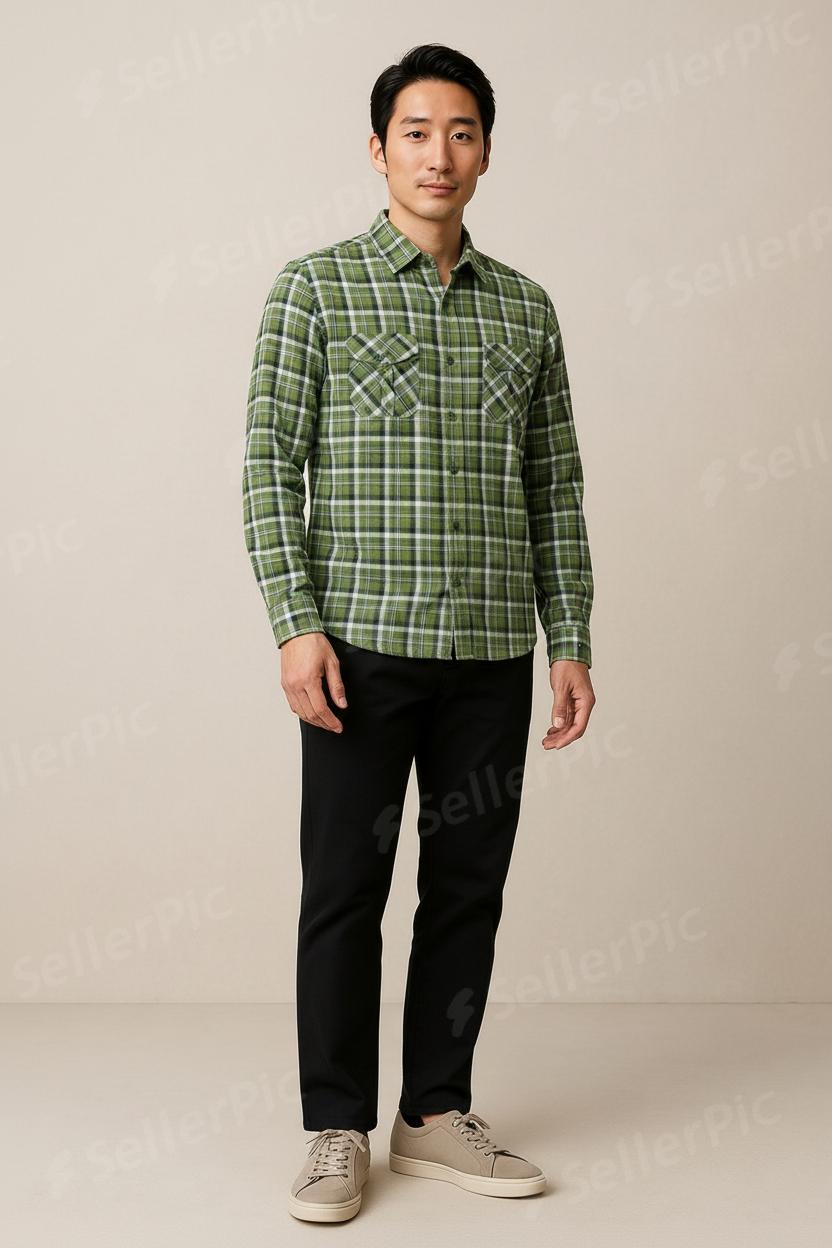 Men’s Green Plaid Flannel Shirt – Long Sleeve Casual Button-Up | Soft, Comfortable, Everyday Wear
