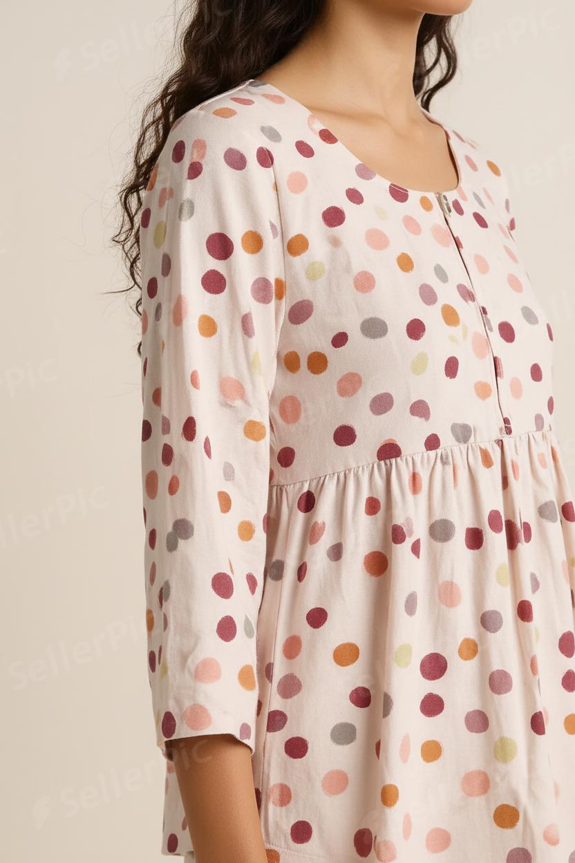 Women’s Polka Dot Loungewear Set – Soft Cotton Night Suit (Top & Trouser) | Breathable 3/4 Sleeve Relax Fit