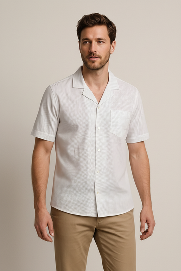 Men’s Short-Sleeve White Cuban Collar Button-Up Shirt – Lightweight Casual Summer Shirt with Chest Pocket