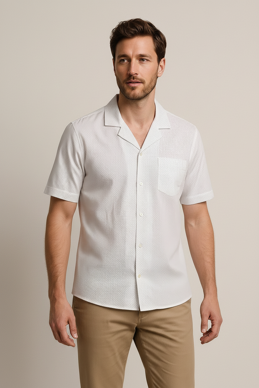 Men’s Short-Sleeve White Cuban Collar Button-Up Shirt – Lightweight Casual Summer Shirt with Chest Pocket