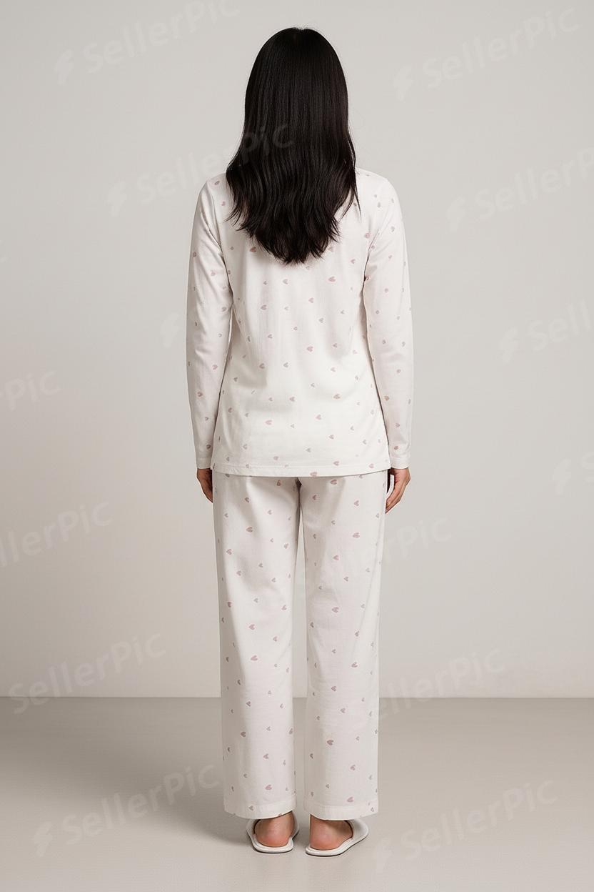 Women’s Long-Sleeve Cotton Pajama Set – Soft Breathable Loungewear with Subtle Heart Print & Matching Pants