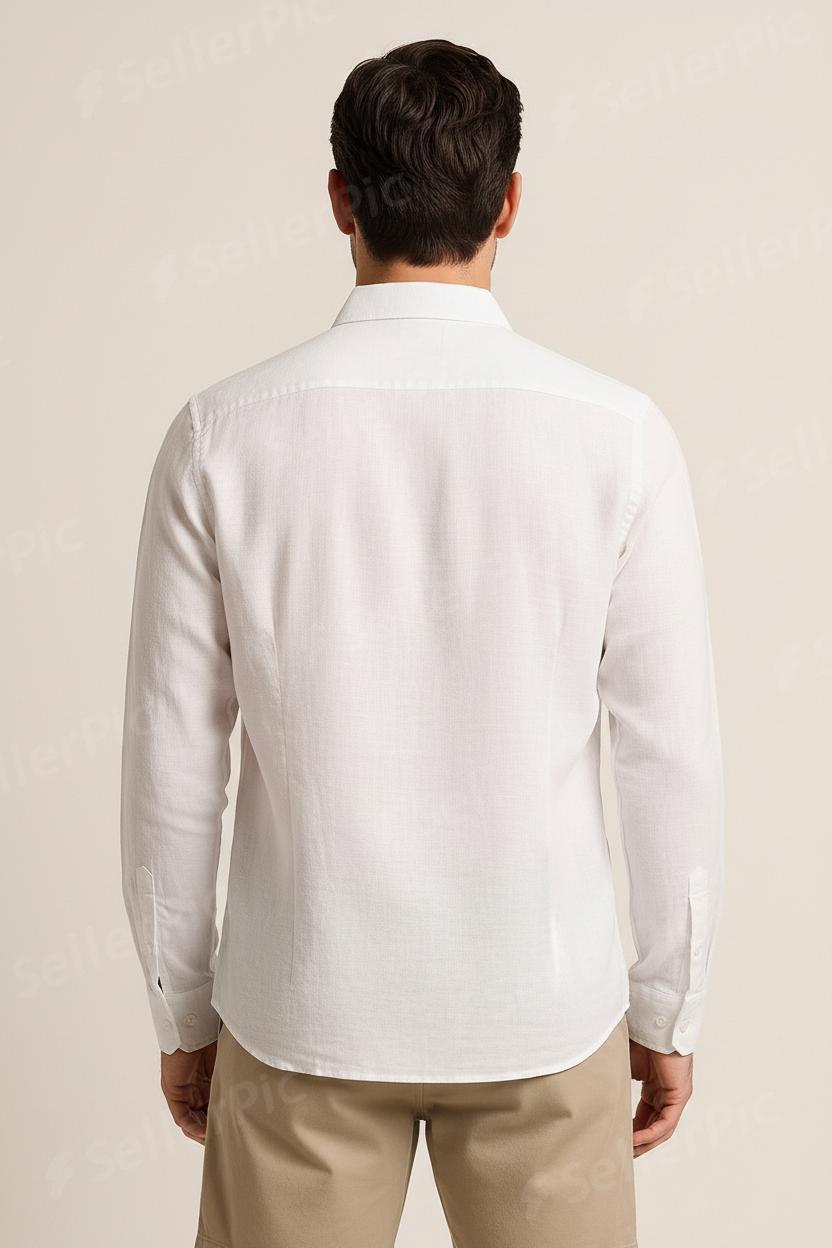 Men’s Long-Sleeve White Button-Up Shirt – Classic Casual Lightweight Shirt with Dual Chest Pockets
