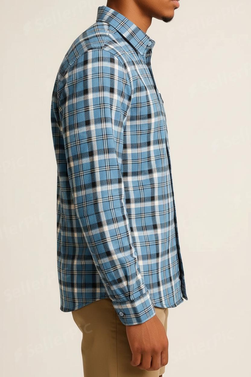Men’s Blue Plaid Long-Sleeve Shirt – Soft Casual Button-Down with Classic Check Pattern