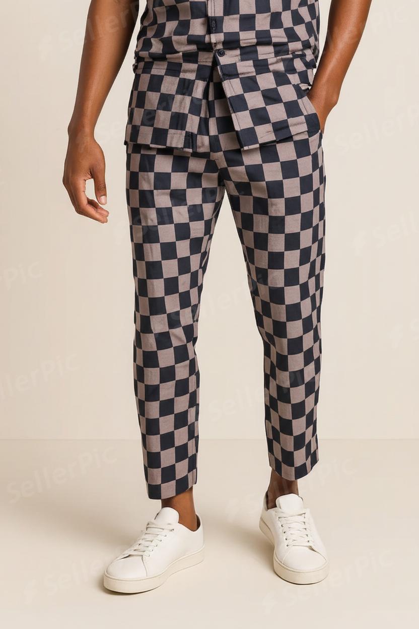 Men’s Checkered Co-Ord Set – Short Sleeve Button Shirt & Tapered Pants | Premium Streetwear Matching Outfit