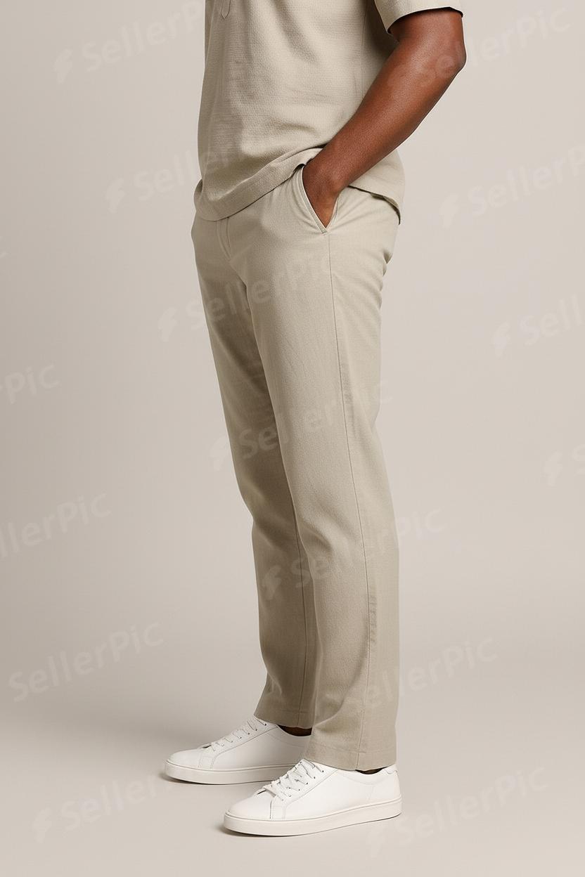 Men’s Beige Premium Co-Ord Set | Mandarin Collar Short Sleeve Shirt & Straight-Leg Pants | Breathable Summer Two-Piece Outfit