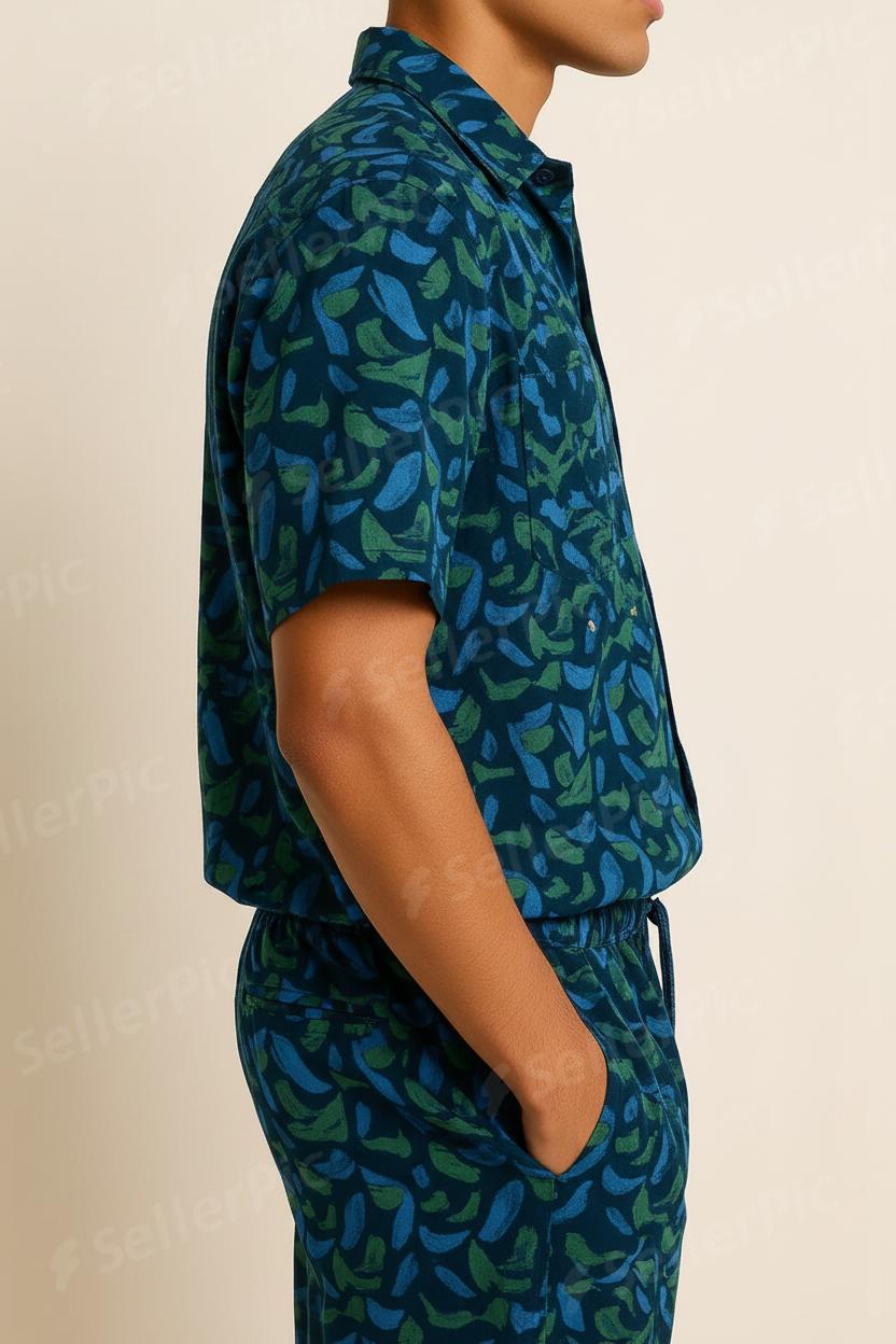 Men’s Tropical Leaf Co-Ord Set – Short Sleeve Button-Up Shirt & Drawstring Shorts | Summer Casual Two-Piece Outfit