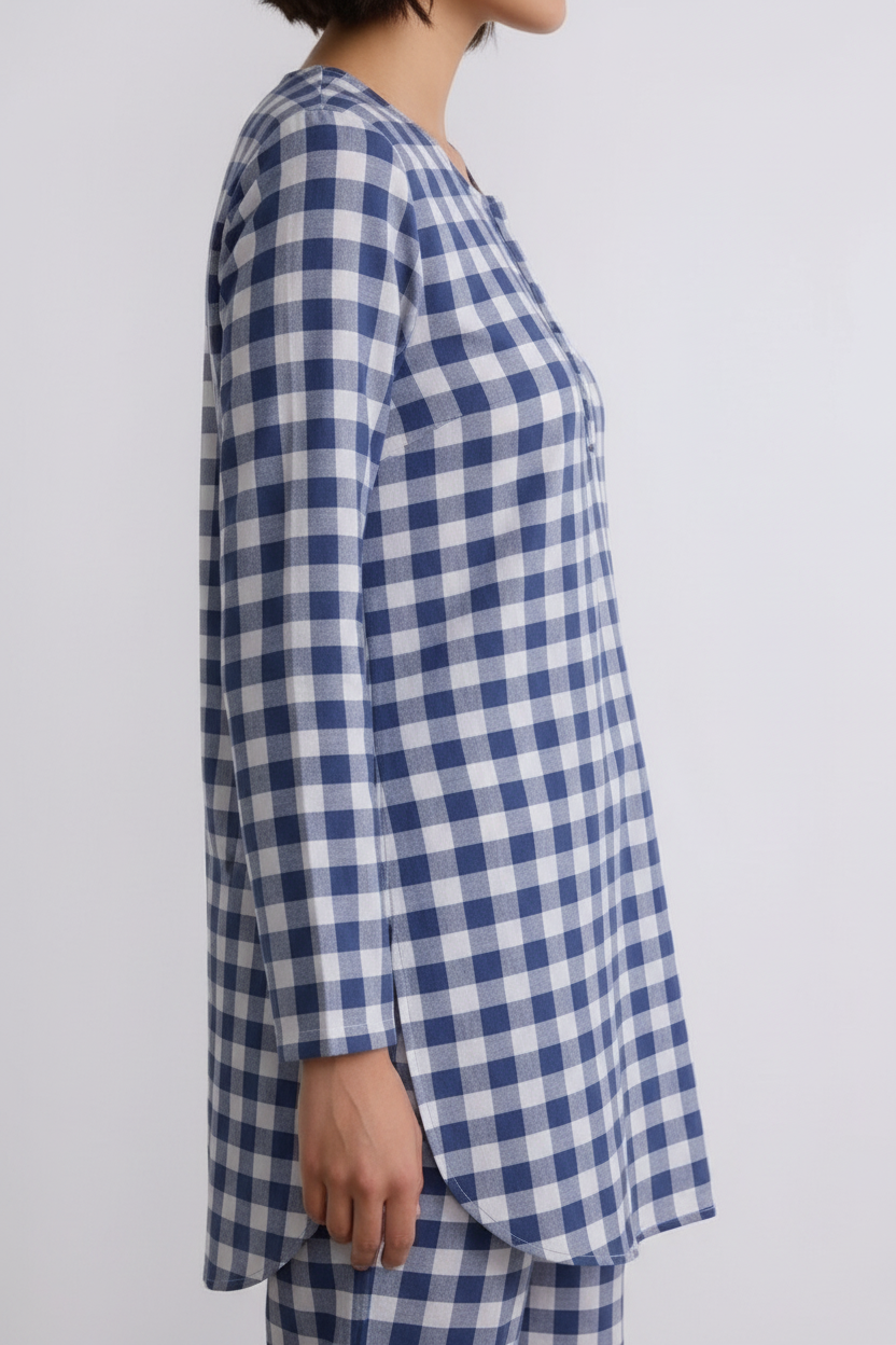 Women’s Blue Checkered Co-Ord Set – Long Sleeve Kurta Top & Straight Pants | Soft Cotton Daily Wear Outfit