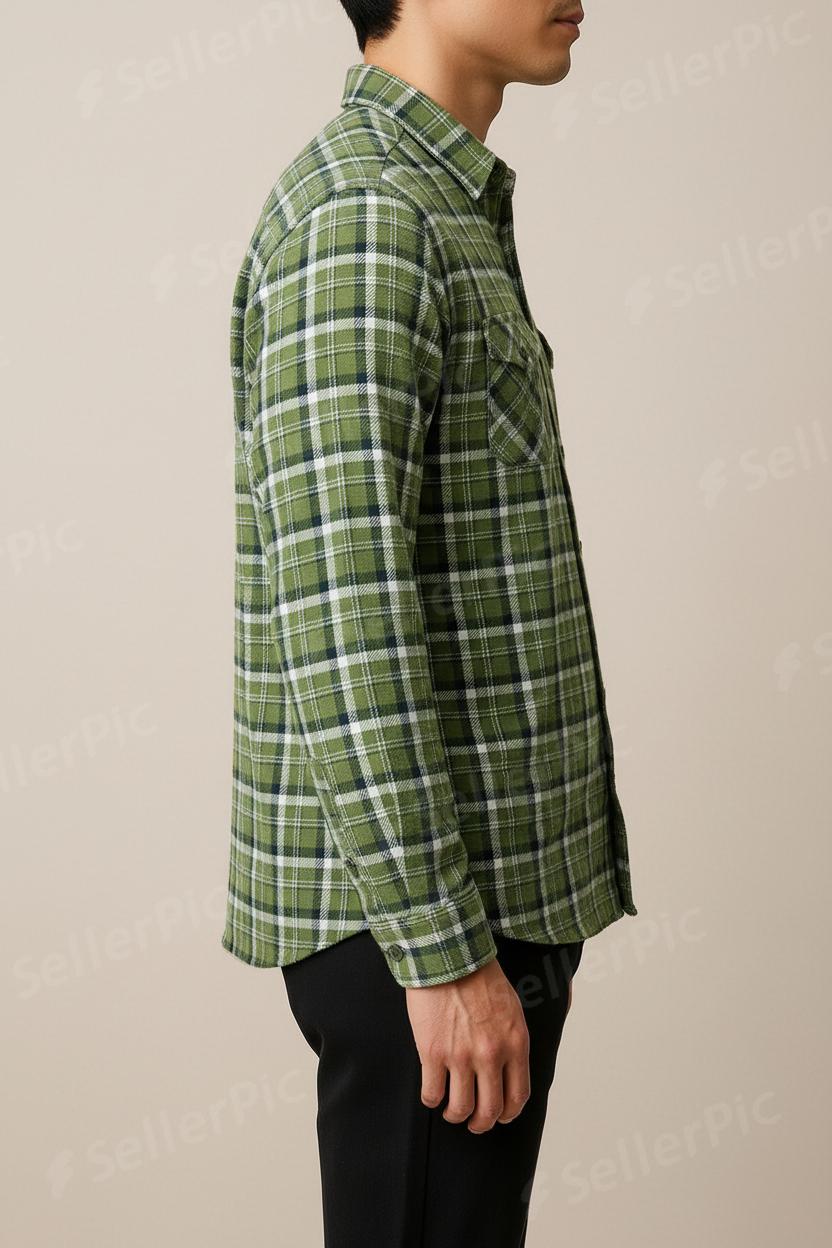 Men’s Green Plaid Flannel Shirt – Long Sleeve Casual Button-Up | Soft, Comfortable, Everyday Wear